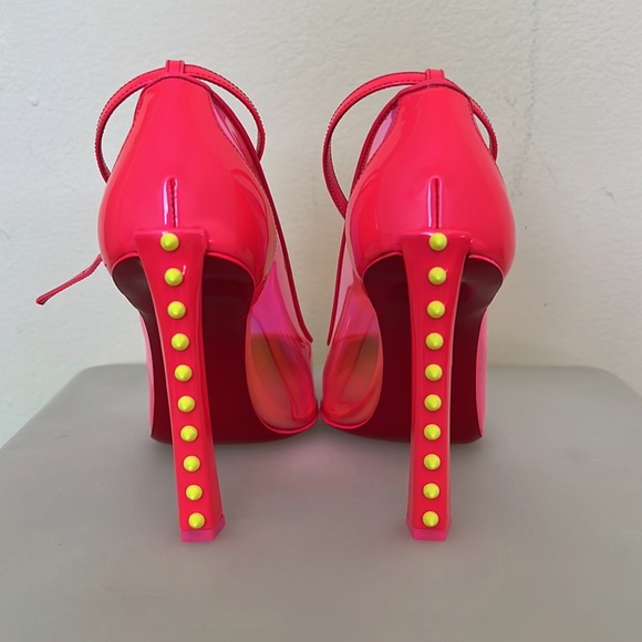 Christian Louboutin hot pink iridescent pump with neon yellow studs. - Picture 2 of 13